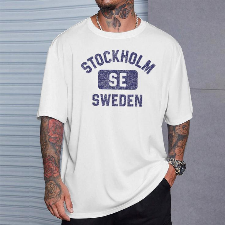 Stockholm Se Sweden Gym Style Distressed Navy Blue Print T-Shirt Gifts for Him