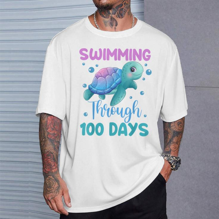 Swimming Through 100 Days Cute Turtle 100Th Day Of School T-Shirt Gifts for Him