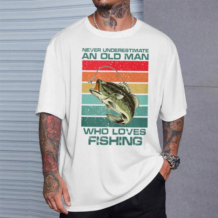 Never Underestimate A Old Man Who Loves Fishing Bass Vintage T-Shirt Gifts for Him
