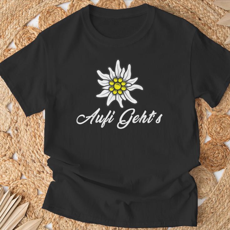 Alpen Edelweiss Aufi Gehts In Die Schweiz Alpenblume Tirol T-Shirt Geschenke für alte Männer