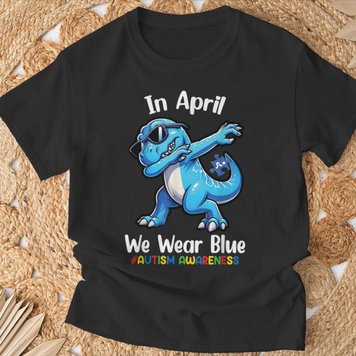 In April We Wear Blue Autism Awareness Month Dinosaur T-Rex T-Shirt Gifts for Old Men