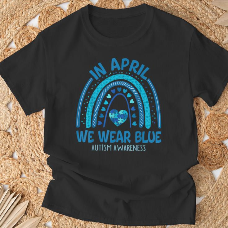 In April We Wear Blue Autism Awareness Puzzle Rainbow T-Shirt Gifts for Old Men