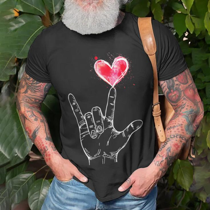Asl I Love You Hand Sign Language Heart Valentine's Day T-Shirt Gifts for Old Men