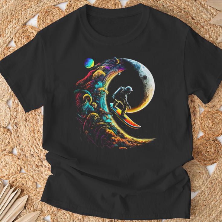 Astronaut Surfing Through Space Universe Galaxy Planets Moon T-Shirt Gifts for Old Men