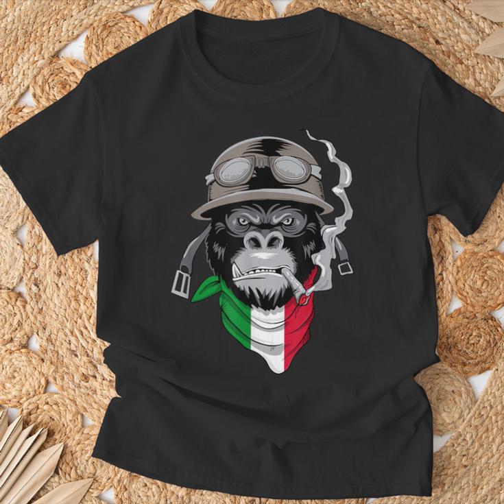 Aviator-Gorilla Grafik-T-Shirt, Italienisches Flaggen-Schal Design, Schwarz Geschenke für alte Männer