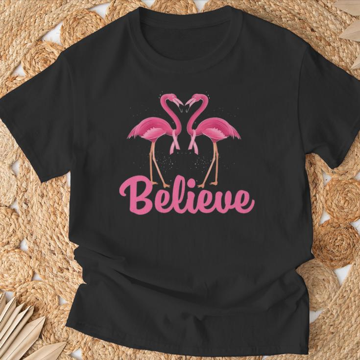 Believe Breast Cancer Flamingo Awareness Pink Ribbon T-Shirt Gifts for Old Men
