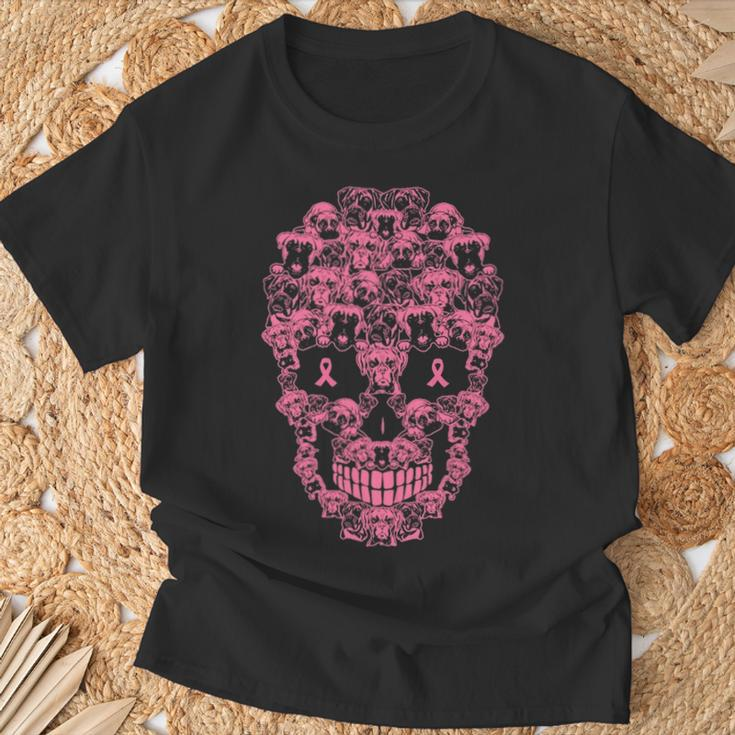 Boxer Dog Sugar Skull Pink Ribbon Breast Cancer T-Shirt Gifts for Old Men
