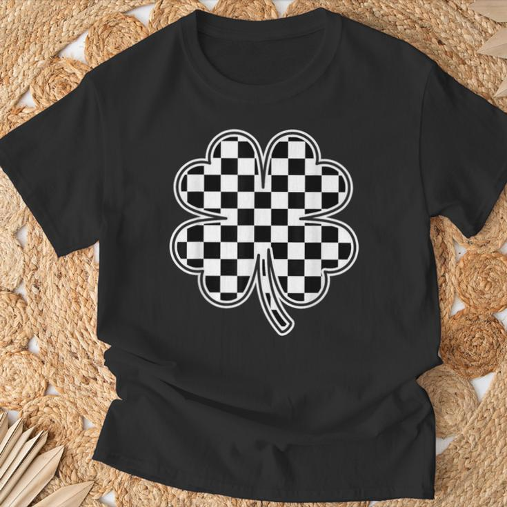 Checkered Four Leaf Clover Race Car Gamer St Patrick's Day T-Shirt Gifts for Old Men