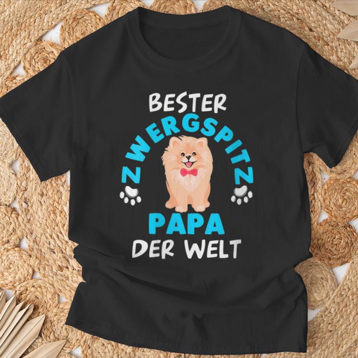 Damen Pomeranian Zwergspitz Papaatertag Papa Mit-Ausschnitt T-Shirt Geschenke für alte Männer