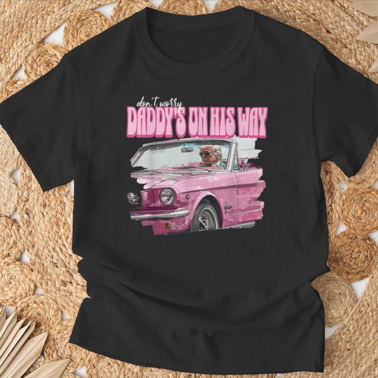 Don't Worry Daddy's On His Way Donald Trump Pink 2024 T-Shirt Gifts for Old Men