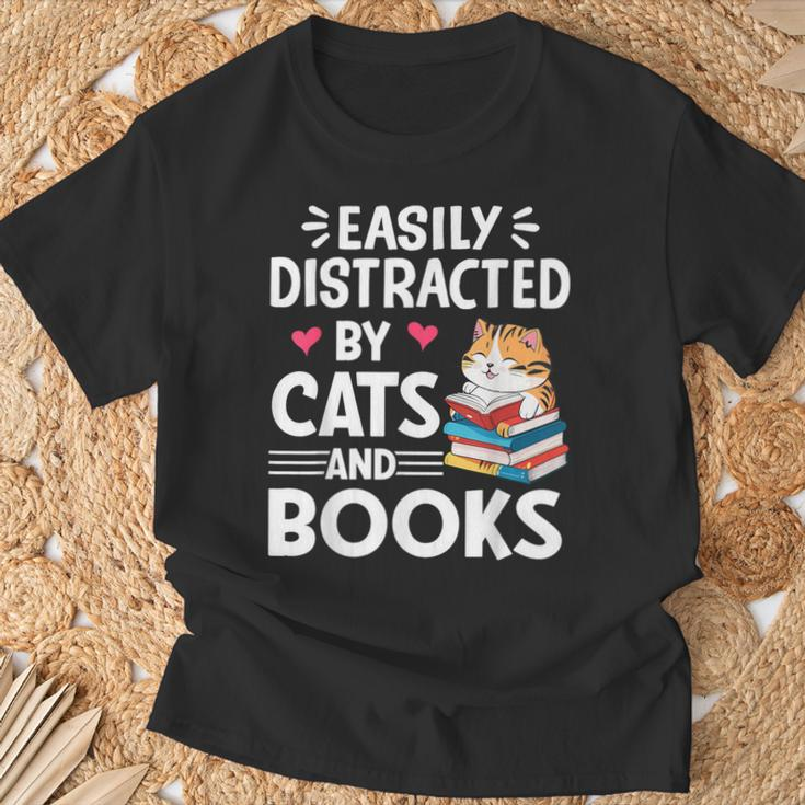 Easily Distracted By Cats And Books Cute Cat And Book Lovers T-Shirt Gifts for Old Men