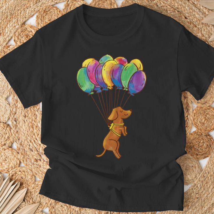 Fliegender Hund und Bunte Ballons Unisex T-Shirt für Damen und Herren Geschenke für alte Männer