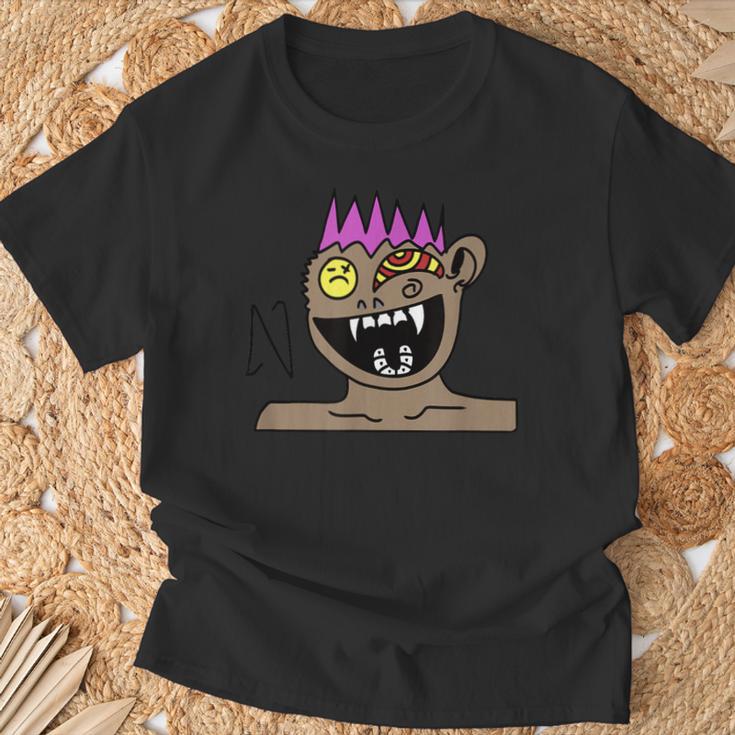 Funky Monster Gesicht T-Shirt Schwarz mit Farbakzenten Geschenke für alte Männer