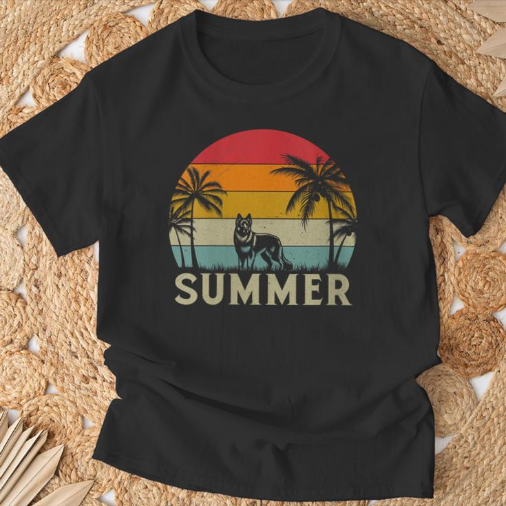 German Shepherd Dog Palm Tree Sunset Beach Vacation Summer T-Shirt Gifts for Old Men