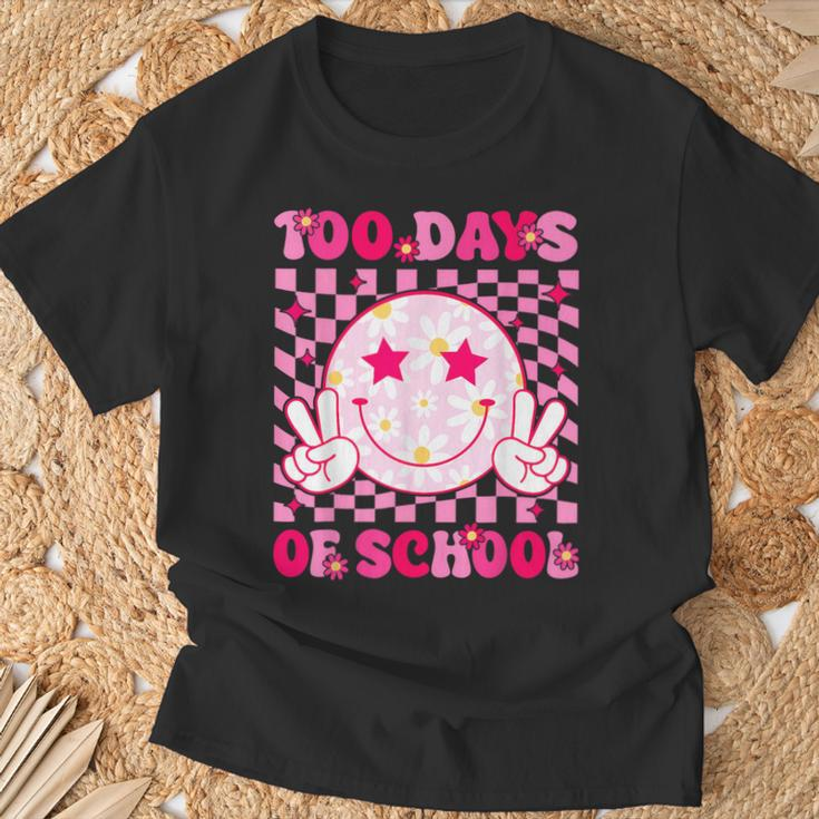 Groovy 100 Days Of School Pink Smile Face Ns Girls Womens T-Shirt Gifts for Old Men