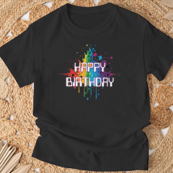 Happy Birthday Regenbogenfarbe Splash Neon Rot Orange Blau Top T-Shirt Geschenke für alte Männer