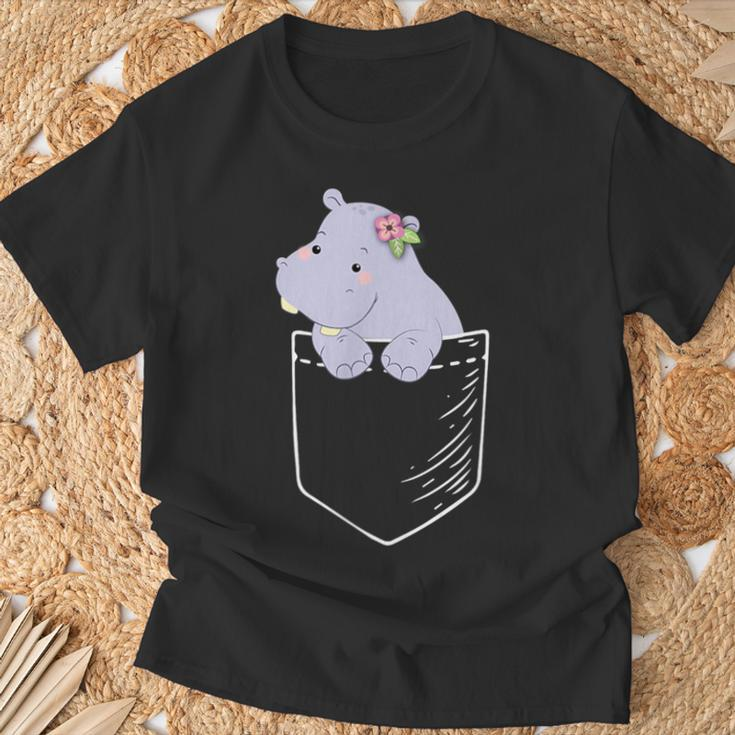 Hippopotamus in Tasche Schwarzes T-Shirt, Lustiges Tiermotiv Tee Geschenke für alte Männer