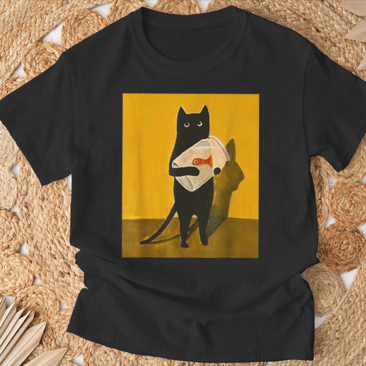 Katze Hält Goldfischglas-Kunstdesign T-Shirt Geschenke für alte Männer