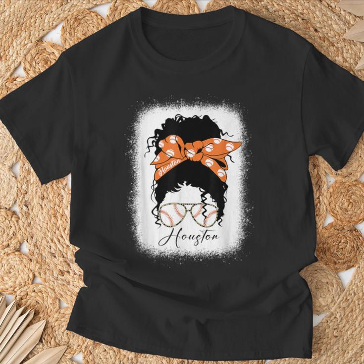 Messy Bun Bleached Houston Souvenir I Love Houston Women T-Shirt Gifts for Old Men