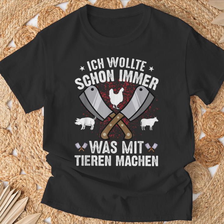 Metzger Was Mit Tieren Text In German T-Shirt Geschenke für alte Männer