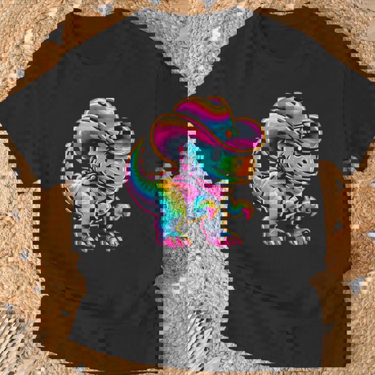 Neon-Colored Dinosaur In Cowgirl Or Cowboy Hat Cute T-Rex T-Shirt Gifts for Old Men