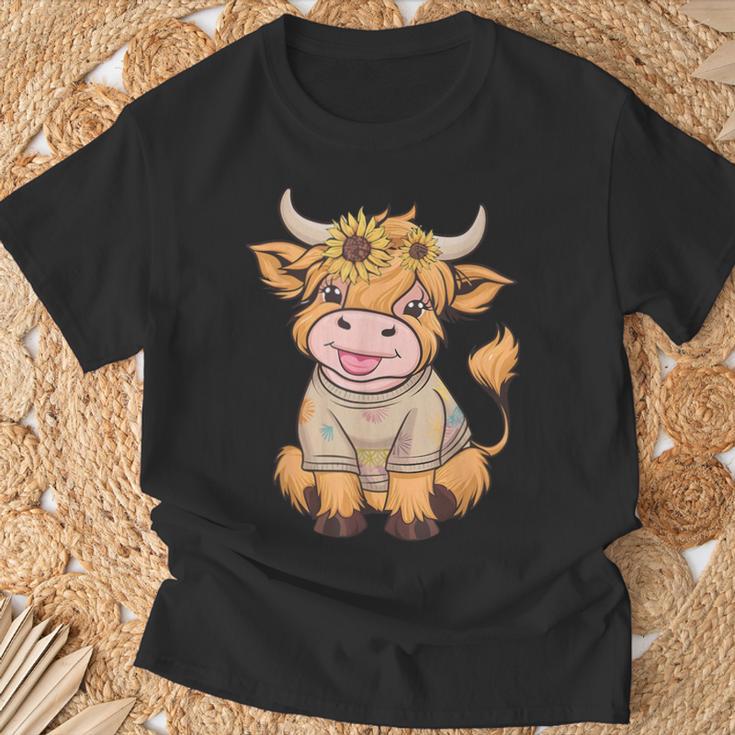 Niedliches Baby Highland Cow Mit Sonnenblumen Grafik Rinder T-Shirt Geschenke für alte Männer