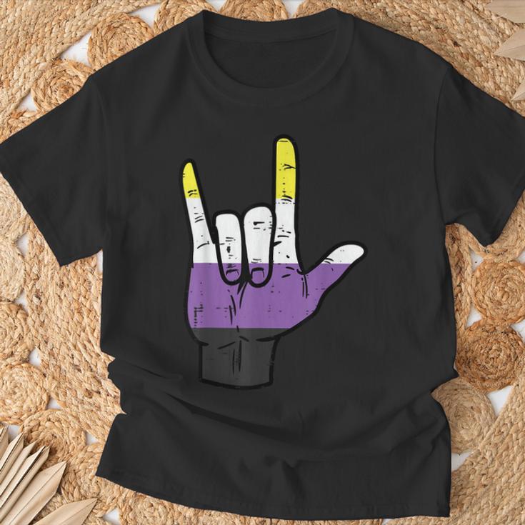 Nonbinary Ich Liebe Dich Hand Sign Language Enby Nb Pride Flag T-Shirt Geschenke für alte Männer