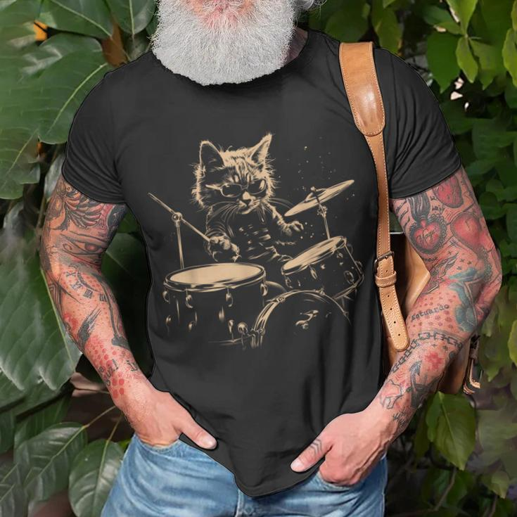 Pop Rock Drummer Cat Kitten Music Playing Drums Music Bands T-Shirt Gifts for Old Men