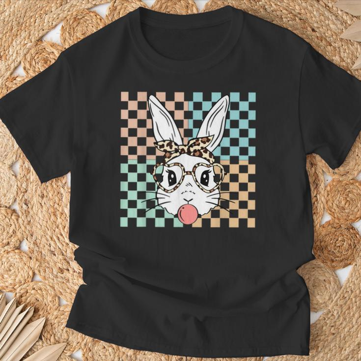 Retro Checkered Bunny Rabbit Face Bubblegum Happy Easter T-Shirt Gifts for Old Men