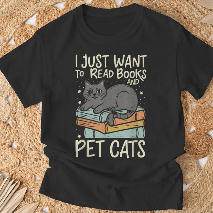 Retro I Just Want To Read Books And Pet Cats Cat T-Shirt Gifts for Old Men