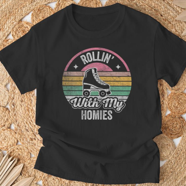 Retro Vintage Rollin With My Homies Roller Skating T-Shirt Gifts for Old Men