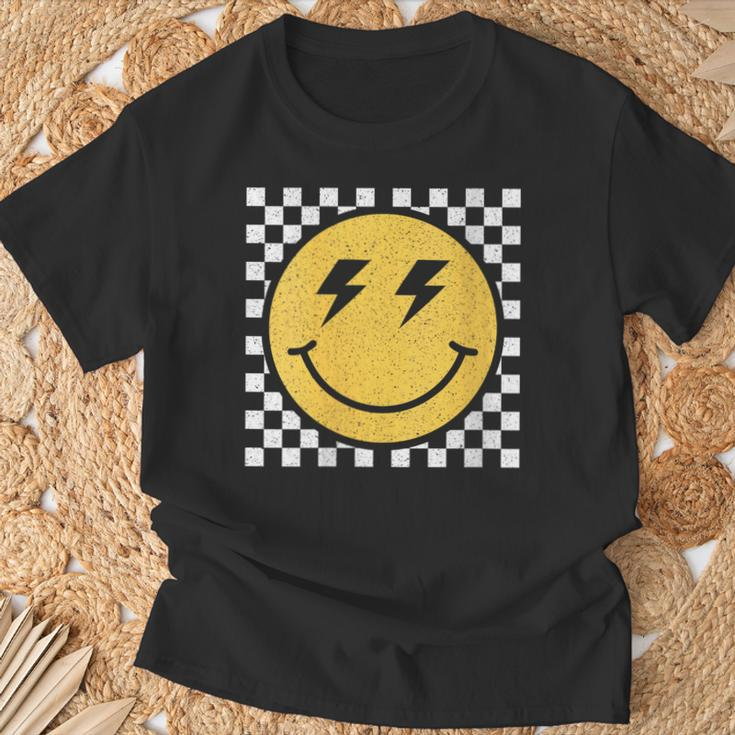 Retro Yellow Happy Face Checkered Pattern Smile Face Trendy T-Shirt Gifts for Old Men