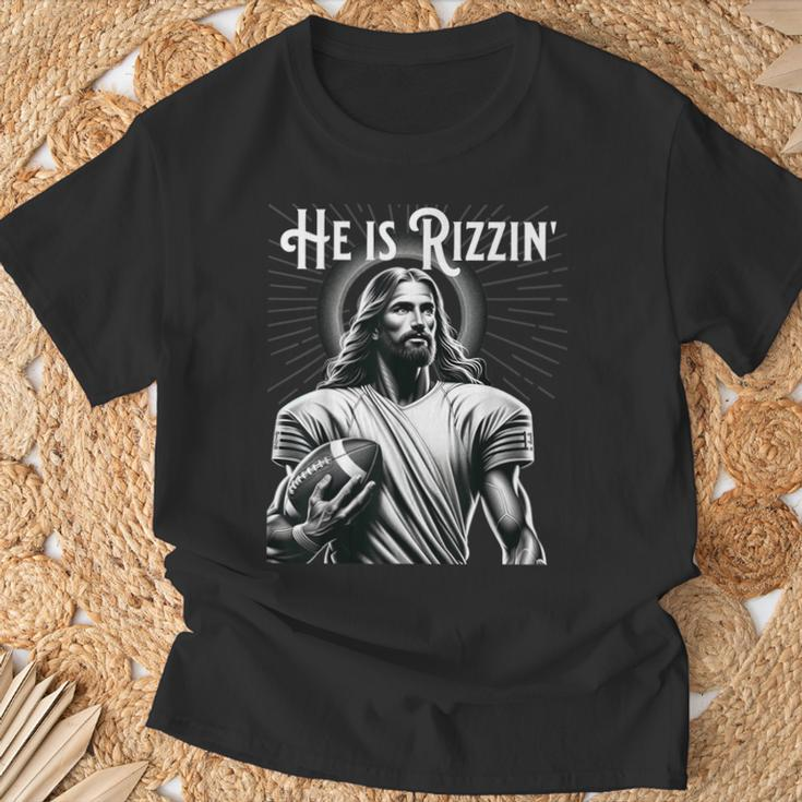 He Is Rizzin Jesus Playing Football Sports Rizz T-Shirt Gifts for Old Men