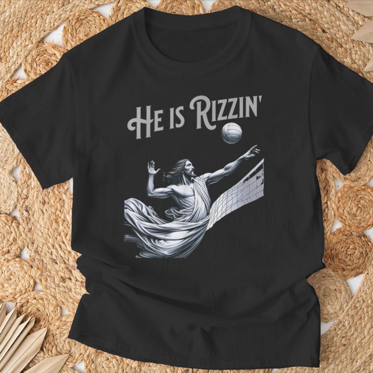 He Is Rizzin Jesus Playing Volleyball Sports Rizz T-Shirt Gifts for Old Men