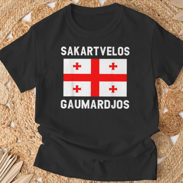 Sakartvelos Gaumarjos Hallo Georgien Reisen Georgische Flagg T-Shirt Geschenke für alte Männer