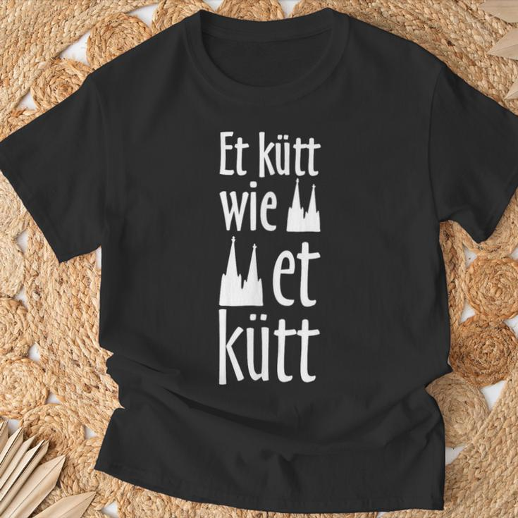 Schwarzes T-Shirt Kölscher Spruch Et kütt wie et kütt, Dom-Silhouette Motiv Geschenke für alte Männer
