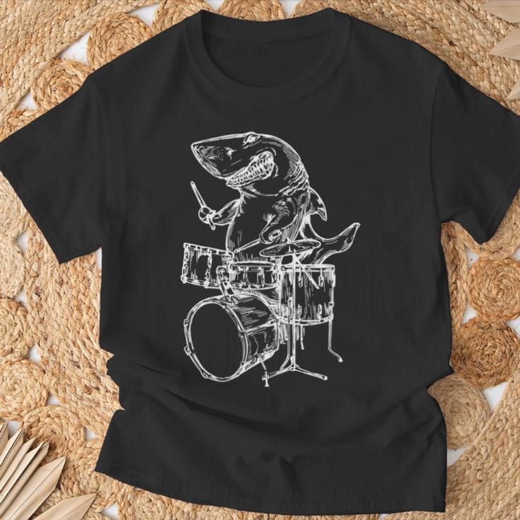 Shark Playing Drums Ocean Drummer Beach T-Shirt Gifts for Old Men