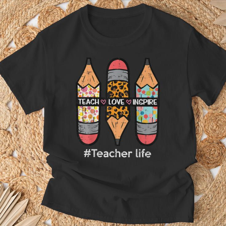 Teacher Life Teach Love Inspire Pencils Inspirational Women T-Shirt Gifts for Old Men