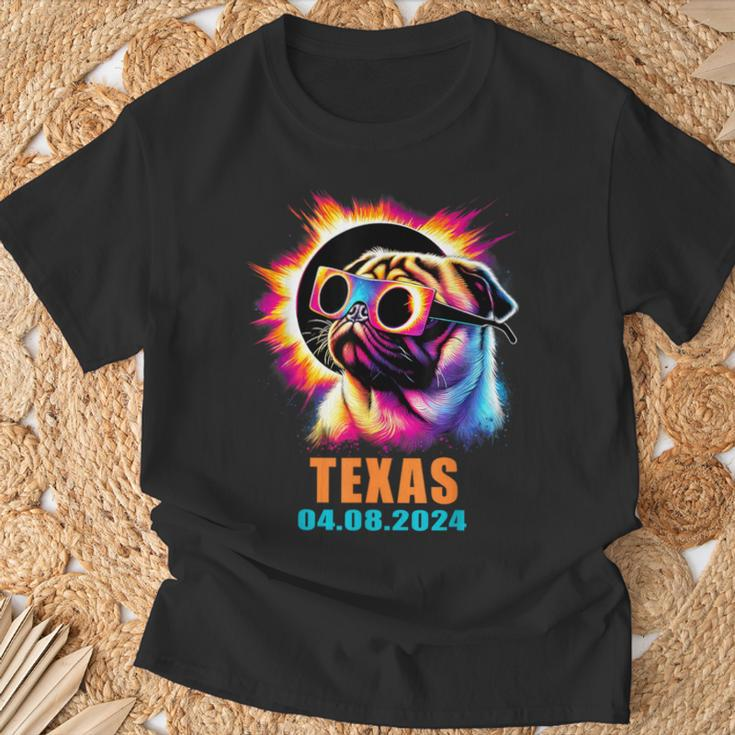 Texas Total Solar Eclipse 2024 Pug Dog With Glasses T-Shirt Gifts for Old Men