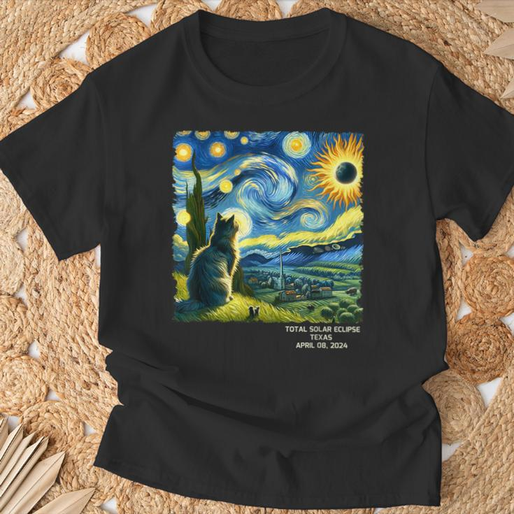 Total Solar Eclipse April 08 2024 Texas Starry Night Cat T-Shirt Gifts for Old Men