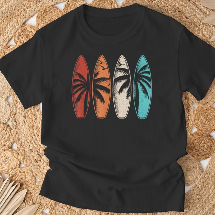 Tropical Hawaii Palm Tree Surfing Beach Surfboard Retro Surf T-Shirt Gifts for Old Men
