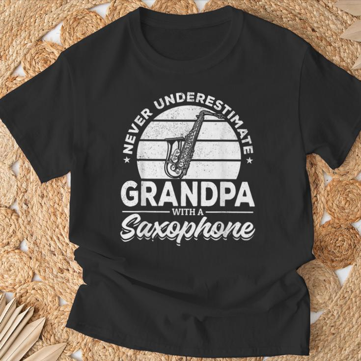 Never Underestimate Grandpa With A Saxophone Sax Player T-Shirt Gifts for Old Men