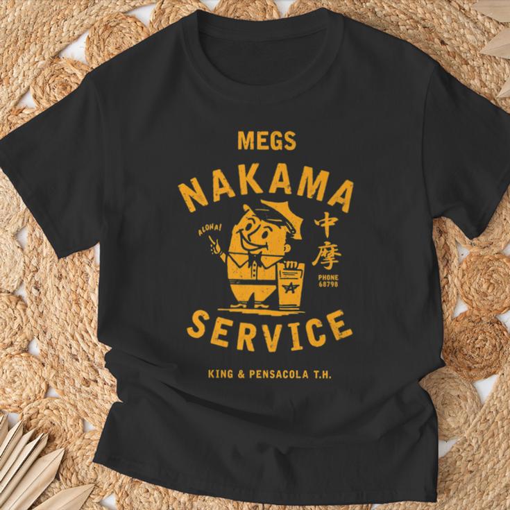 Vintage Megs Nakama Service Reversed Yellow Kanji Attendant T-Shirt Gifts for Old Men