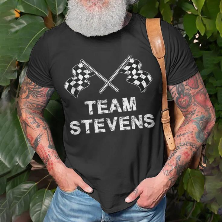Vintage Team Stevens Family Name Checkered Flag Racing T-Shirt Gifts for Old Men