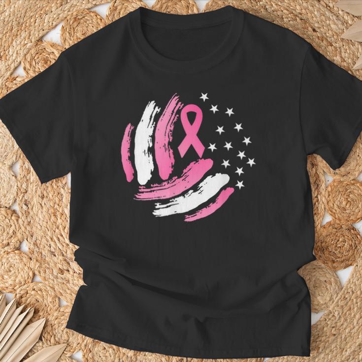 Volleyball Pink Ribbon Breast Cancer Awareness Usa Flag T-Shirt | Mazezy