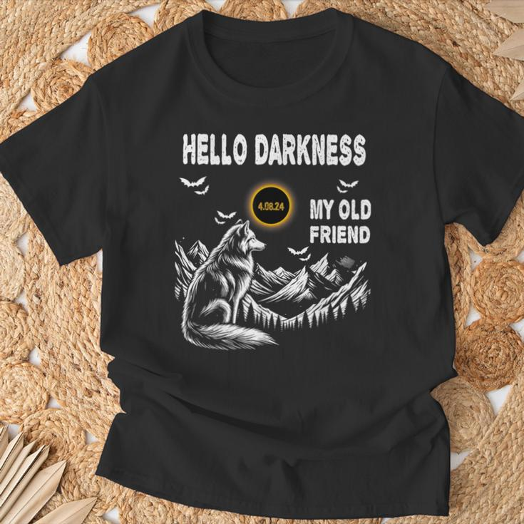 Wolf Hello Darkness My Old Friend Solar Eclipse April 8 2024 T-Shirt Gifts for Old Men