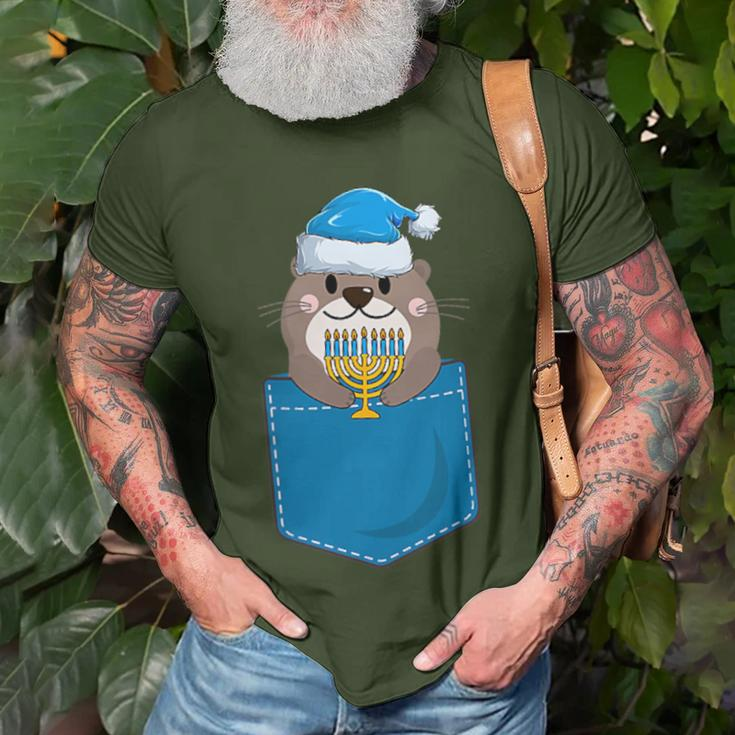 Jewish Otter Santa Menorah In Pocket Hanukkah Pajamas T-Shirt Gifts for Old Men