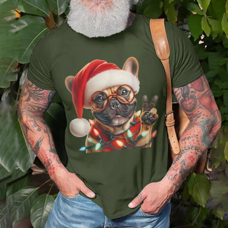 Peace Sign Hand French Bulldog Santa Christmas Dog Pajamas T-Shirt Gifts for Old Men