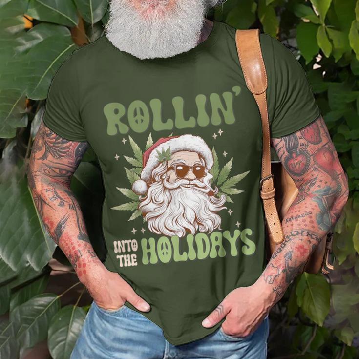 Rollin Into The Holidays Santa Black Marijuana Christmas T-Shirt Gifts for Old Men