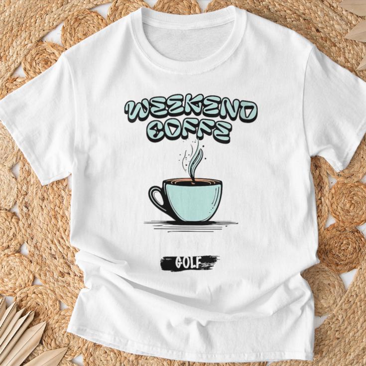 Damen Lustiger Wochenend-Kaffee Und Golf Golf-Besessen Für Papa Mit-Ausschnitt T-Shirt Geschenke für alte Männer